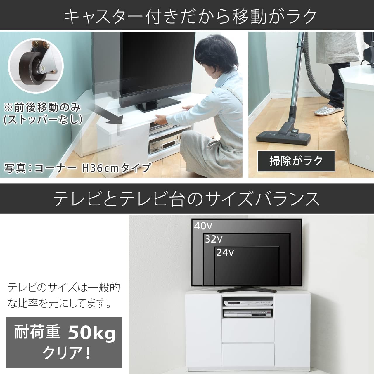 キャスター付きコーナーTVボード ロビン ハイタイプ ホワイト(前板鏡面